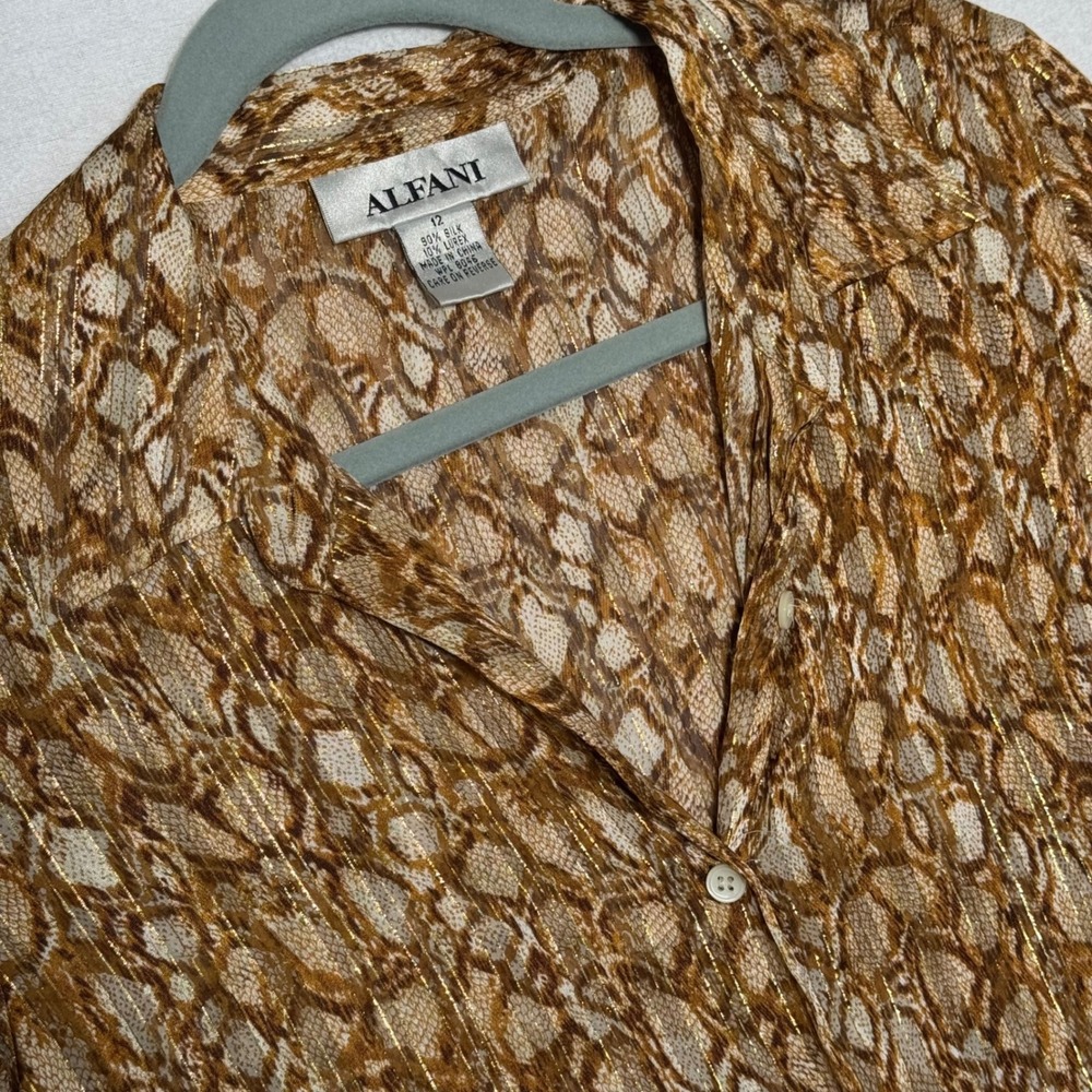 Alfani Womens 12 Silk Blouse Brown Snakeskin Gold Metallic Lurex V-Neck Top